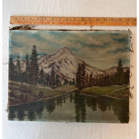 Vintage Distressed Charm Moody Mountain Landscape Oil Painting on Canvas 12"x16" - Picture 12 of 15